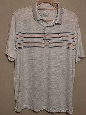 Callaway Mens Golf Shirt Size Medium Heathered And Stripes Gray Blue Orange